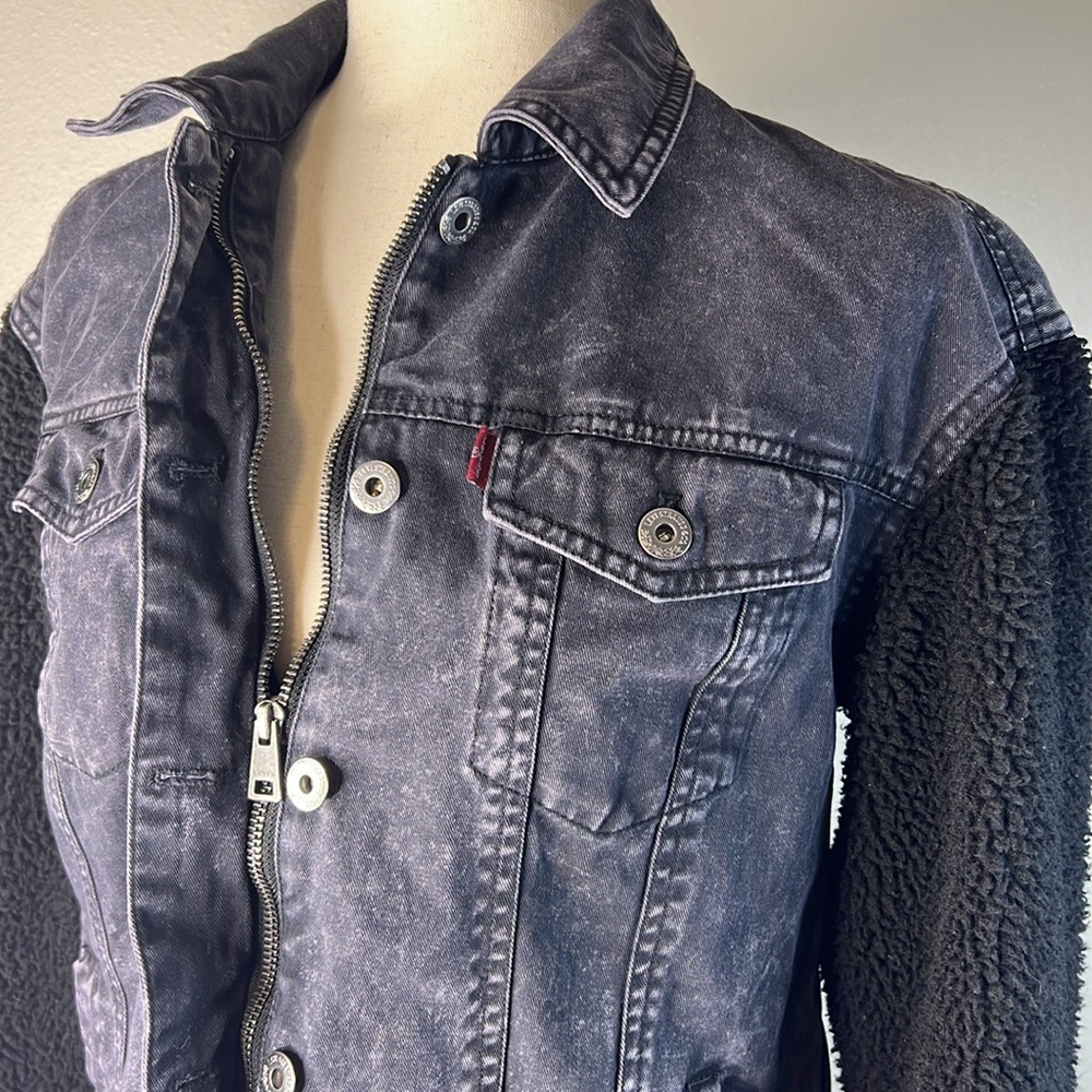 LEVIS Denim Sherpa Trucker Jacket Women SM Black Acid Wash Cotton Zip Up‎ Snap